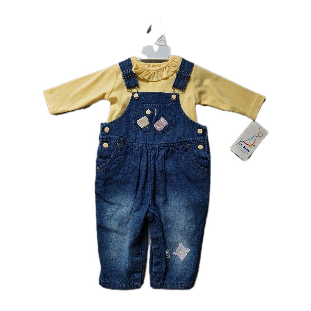 NWT VTG BT Kids Denim Overalls Set 2 Piece Outfit Yellow Top 6-9 Months